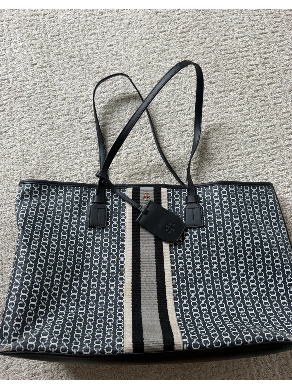 Tory Burch Black and Cream Stripe Logo Jacquard Tote